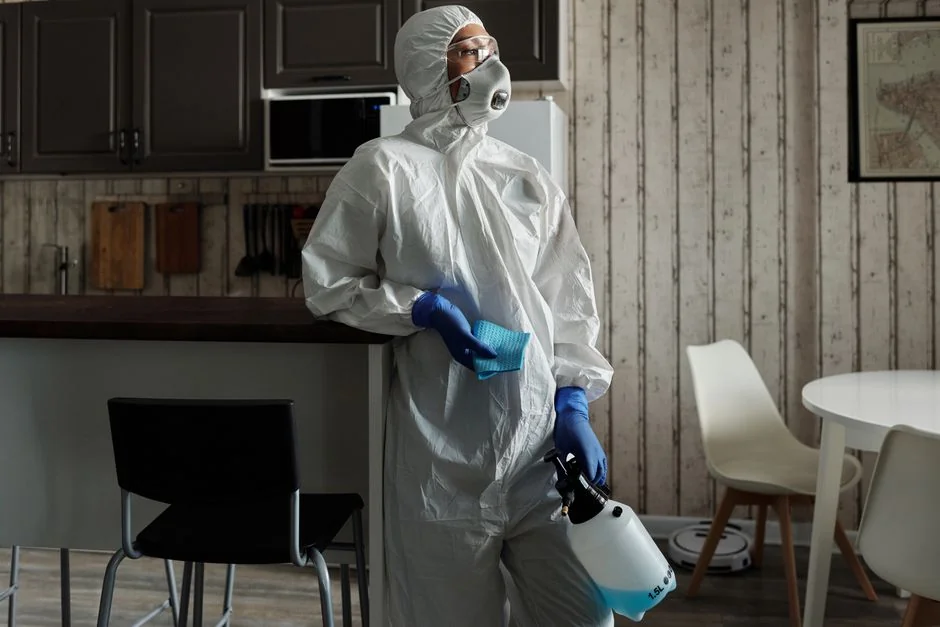Vue d’en haut, une femme de ménage anonyme portant des gants en caoutchouc jaunes pulvérise un produit nettoyant sur un robinet d’eau chromé dans une salle de bain